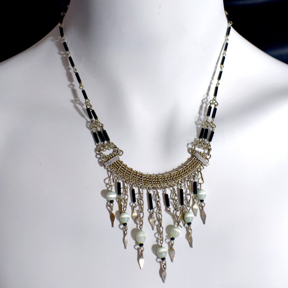 Vintage Handcrafted Silver Scroll  Black and Moonstone Chandelier Necklace